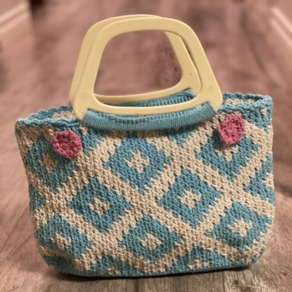 Vintage Boho Crochet Handbag w/ Plastic Handles | Retro 60s 70s